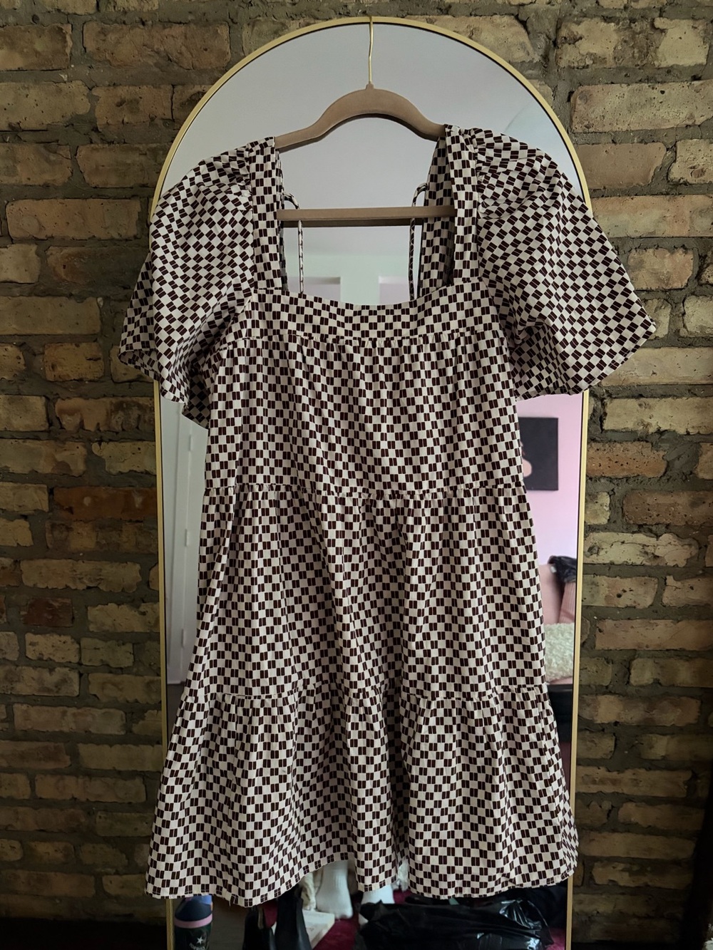 Abercrombie & Fitch Angel Sleeve Trapeze Mini Dress Brown Checkered Size Medium - Picture 5 of 7